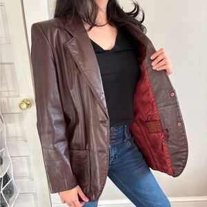 Vintage Grunge Genuine Leather Red Wine Preppy Minimalist Blazer - Medium -Large